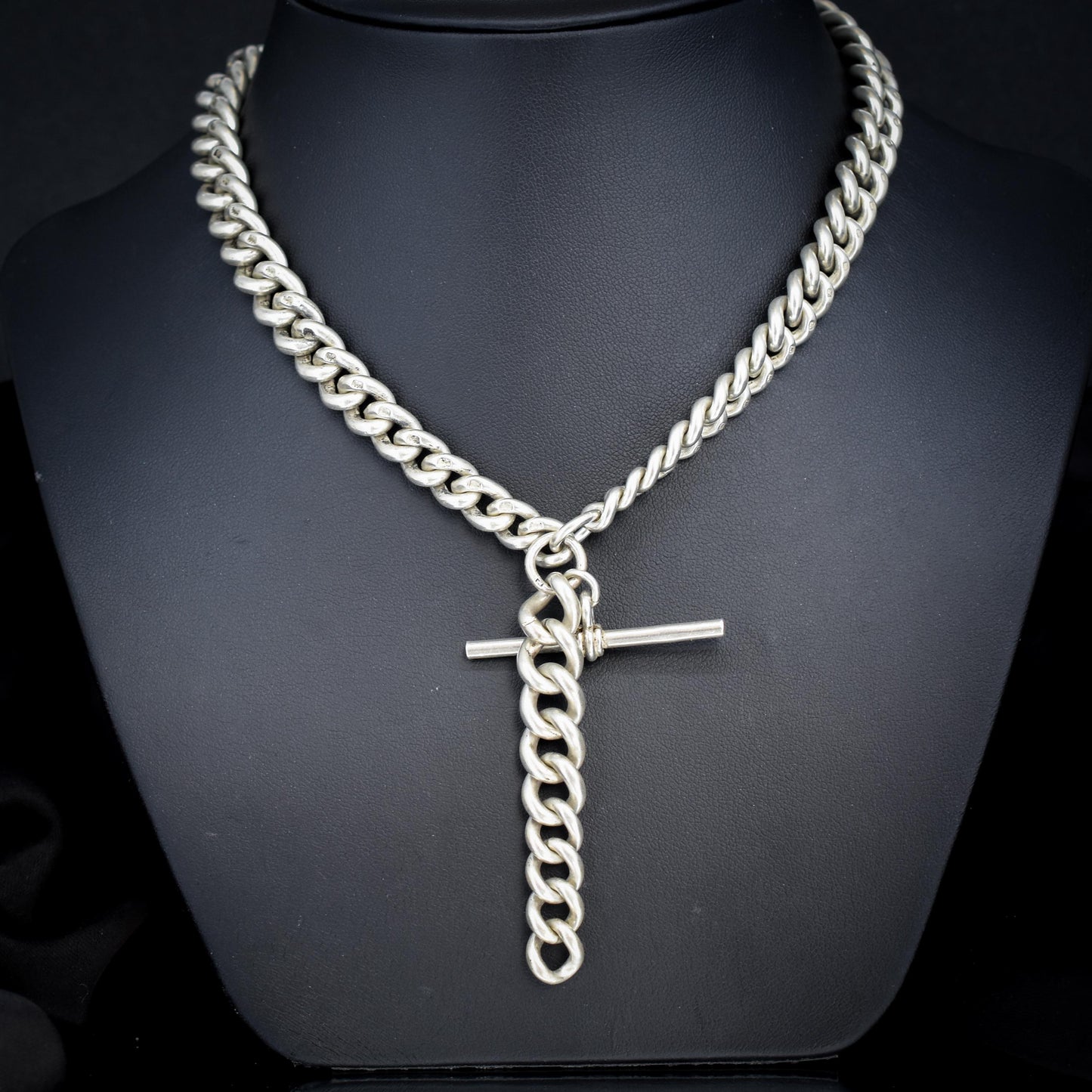 Antique 100g Sterling Silver Curb Link Albert Watch Chain Necklace | 17"