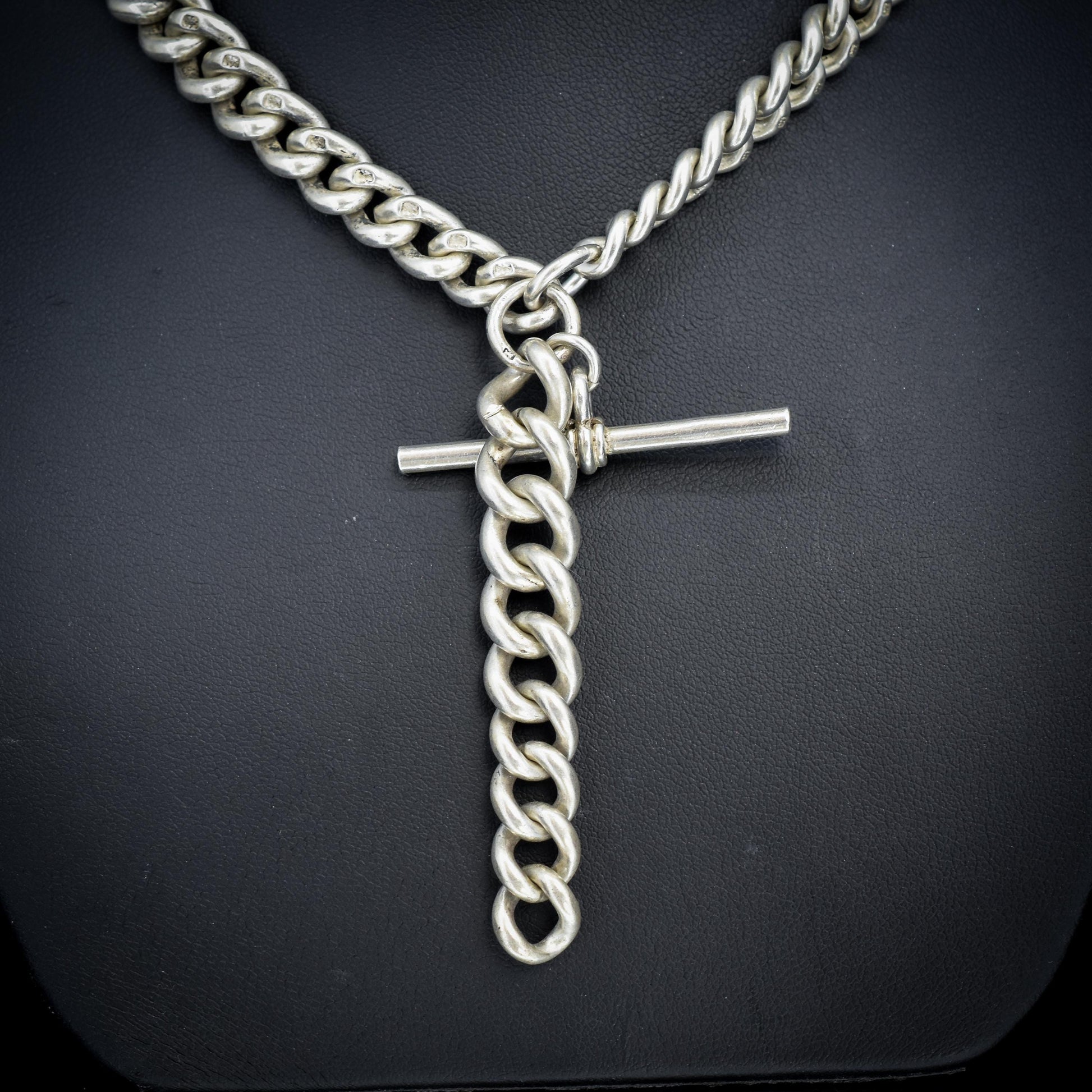 Antique 100g Sterling Silver Curb Link Albert Watch Chain Necklace | 17"