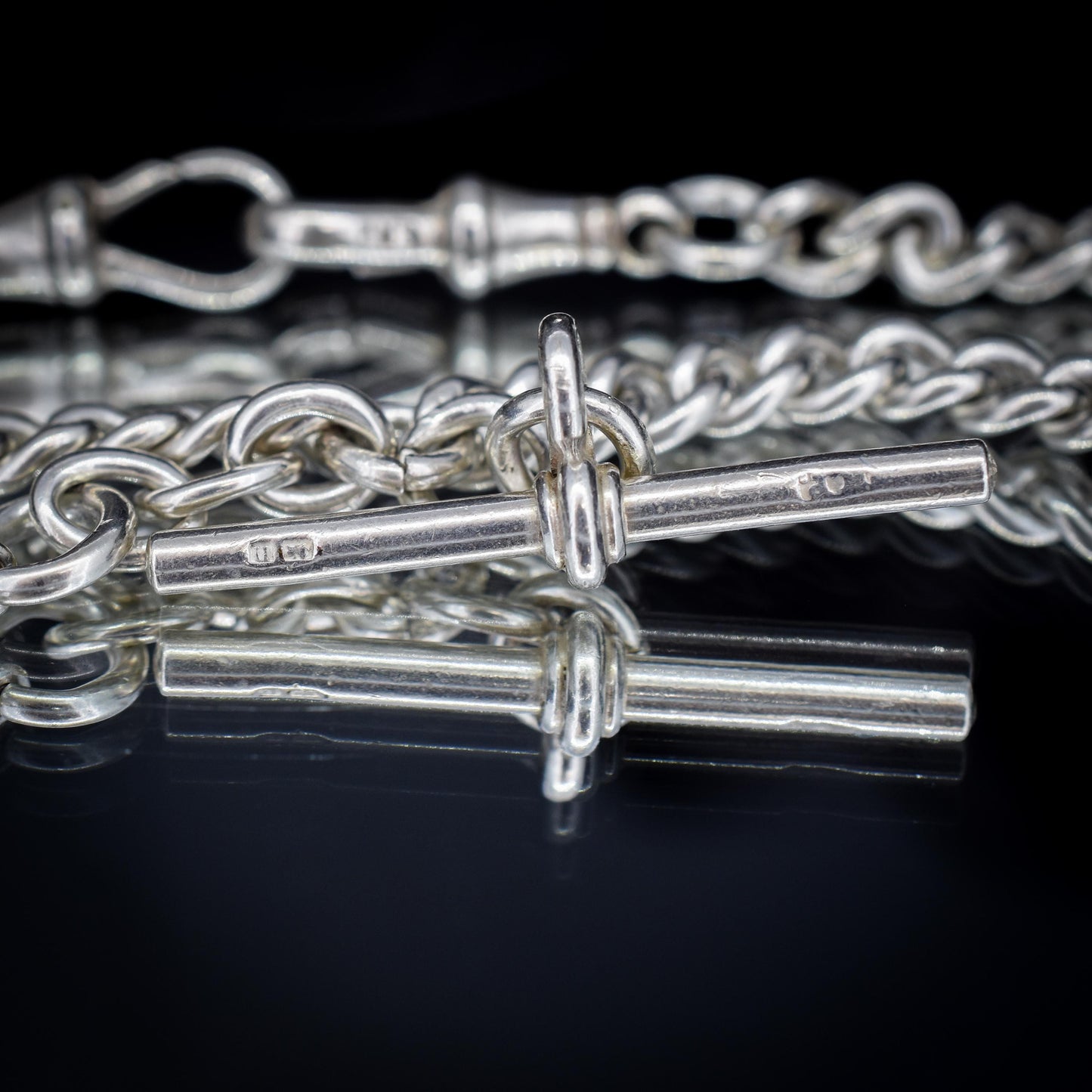 Antique '1912' Silver Curb Link Albert Watch Chain with T-Bar and Dog Clips – 14.75"