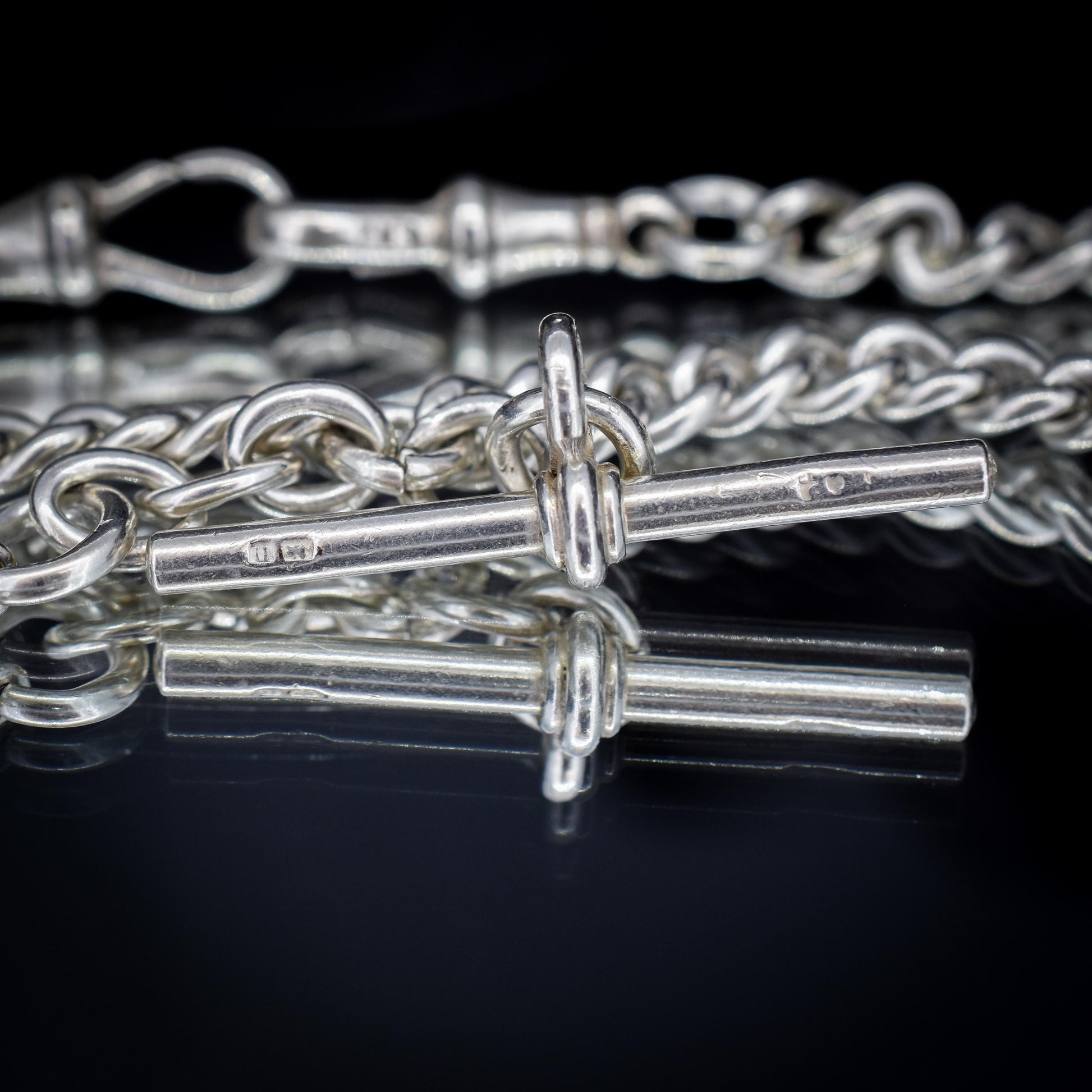 Antique '1912' Silver Curb Link Albert Watch Chain with T-Bar and Dog Clips – 14.75"