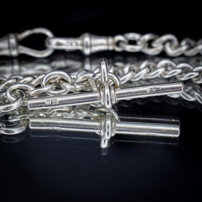 Antique '1912' Silver Curb Link Albert Watch Chain with T-Bar and Dog Clips – 14.75"