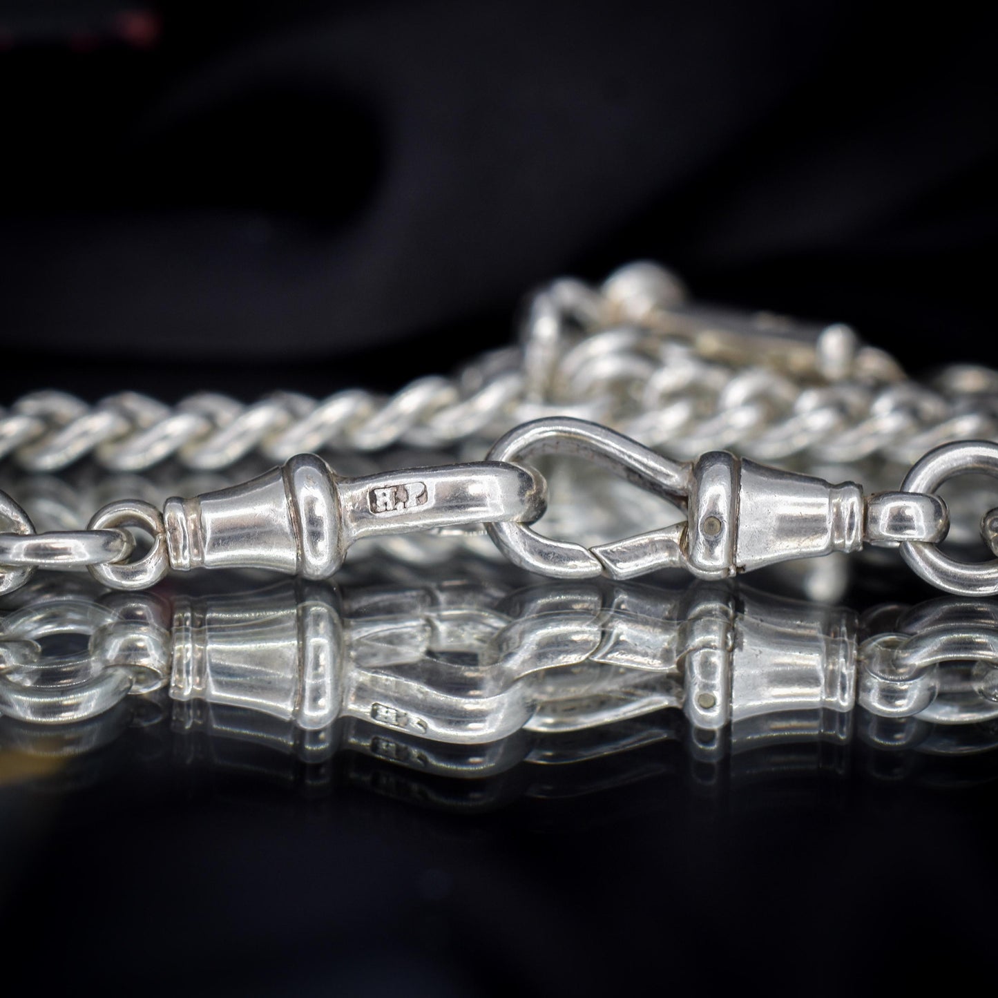 Antique '1912' Silver Curb Link Albert Watch Chain with T-Bar and Dog Clips – 14.75"