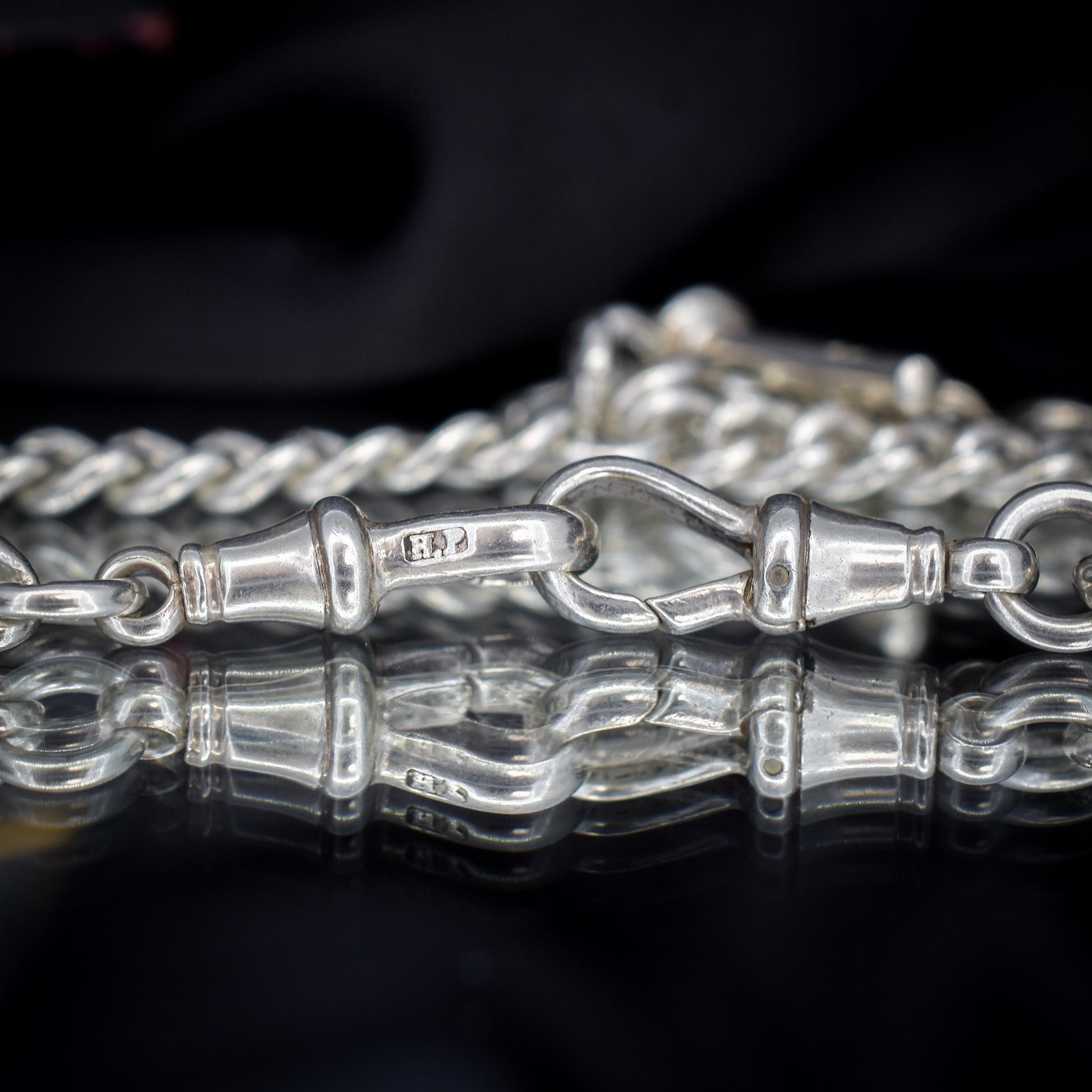 Antique '1912' Silver Curb Link Albert Watch Chain with T-Bar and Dog Clips – 14.75"