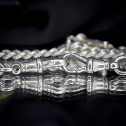 Antique '1912' Silver Curb Link Albert Watch Chain with T-Bar and Dog Clips – 14.75"