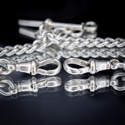 Antique '1912' Silver Curb Link Albert Watch Chain with T-Bar and Dog Clips – 14.75"
