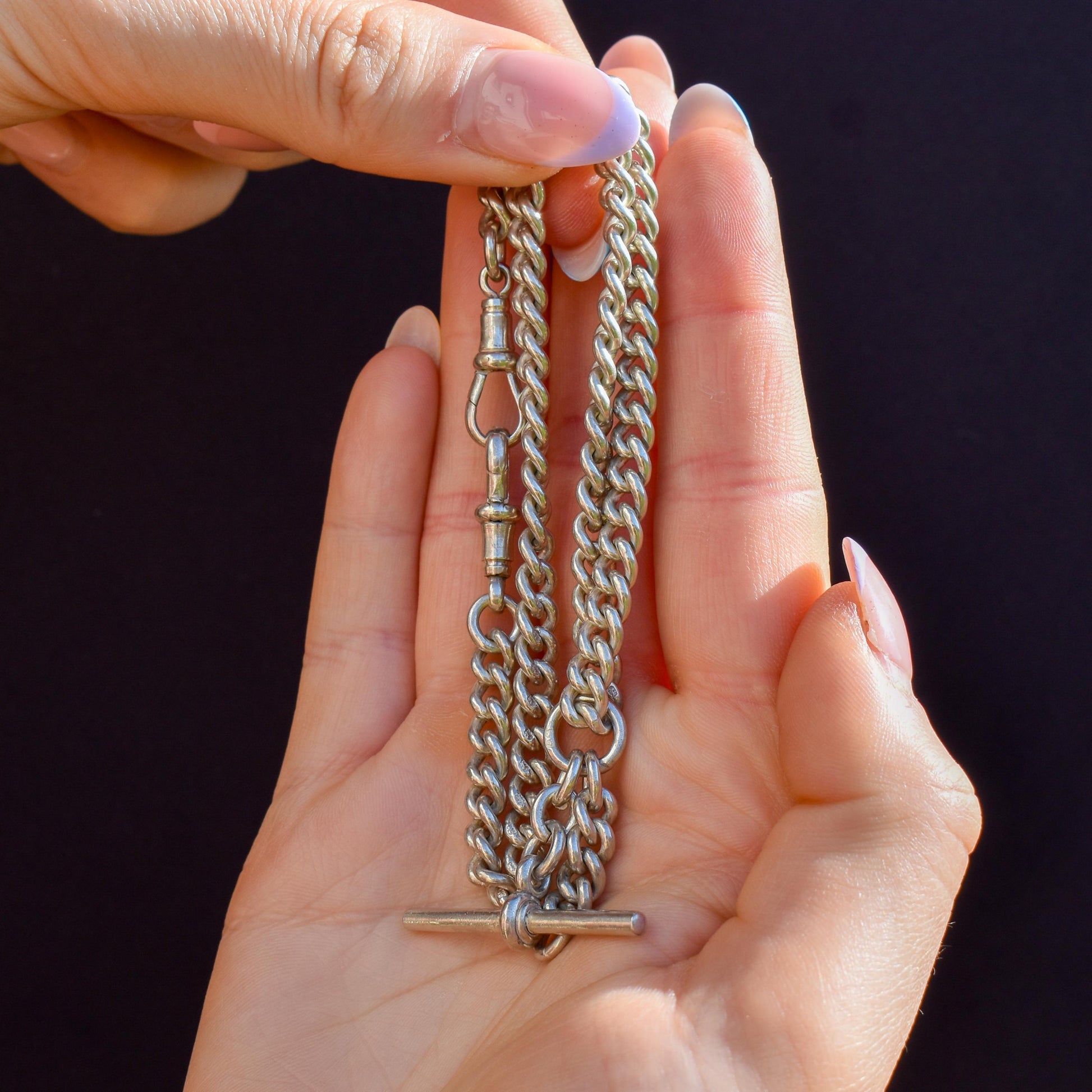 Vintage '1936' Silver Curb Link Albert Watch Chain with Sliding T-Bar and Dog Clips – 15"