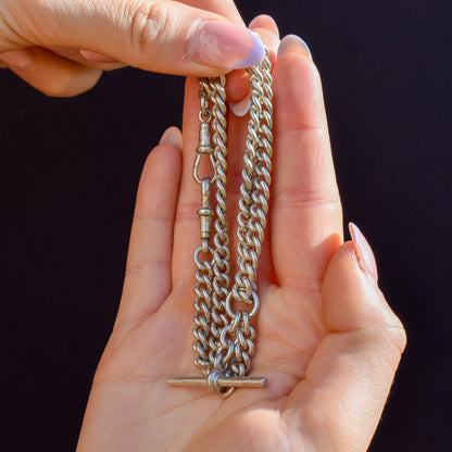 Vintage '1936' Silver Curb Link Albert Watch Chain with Sliding T-Bar and Dog Clips – 15"