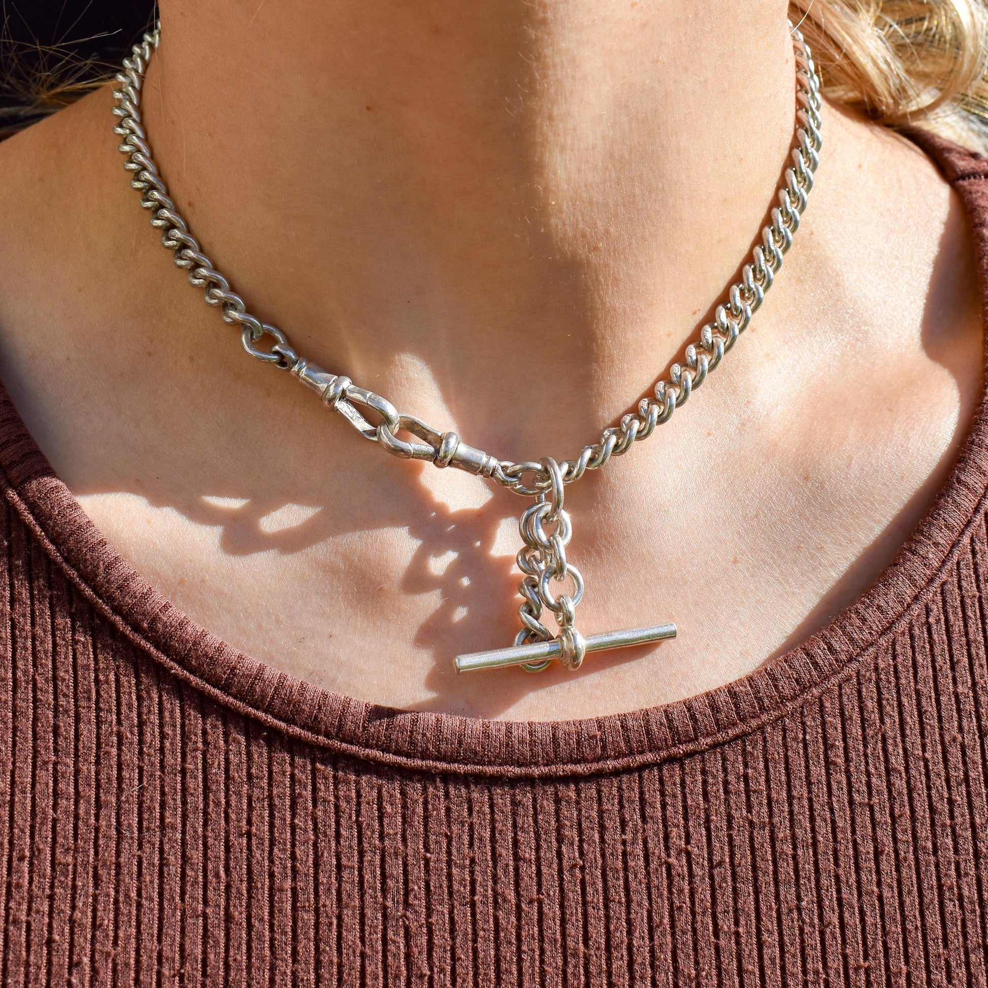 Vintage '1936' Silver Curb Link Albert Watch Chain with Sliding T-Bar and Dog Clips – 15"