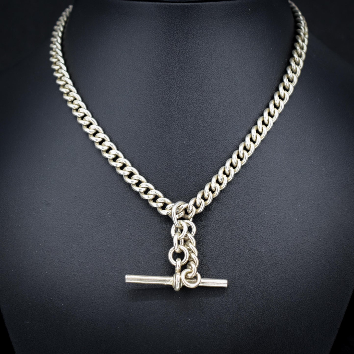 Vintage '1936' Silver Curb Link Albert Watch Chain with Sliding T-Bar and Dog Clips – 15"