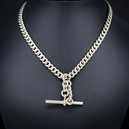 Vintage '1936' Silver Curb Link Albert Watch Chain with Sliding T-Bar and Dog Clips – 15"