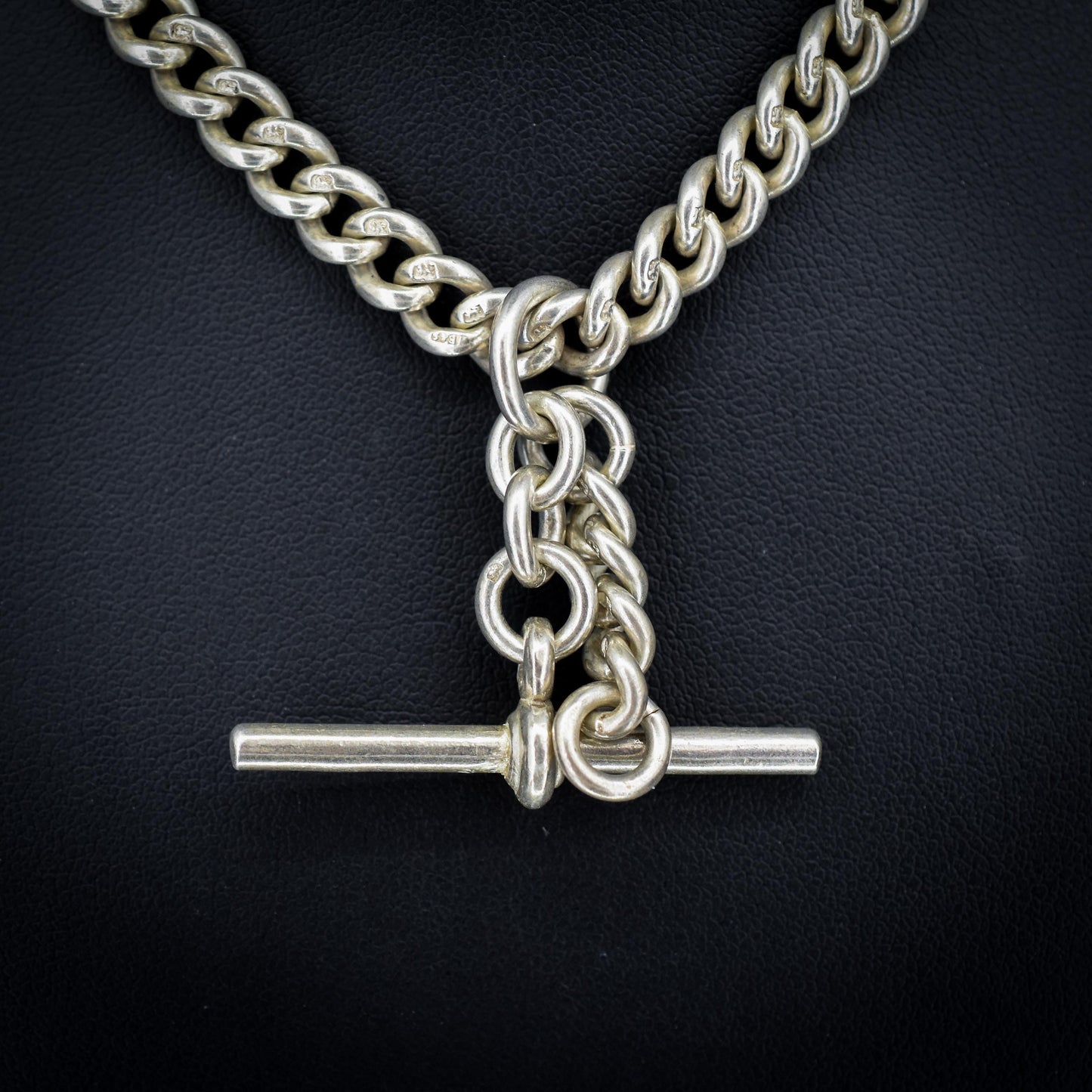 Vintage '1936' Silver Curb Link Albert Watch Chain with Sliding T-Bar and Dog Clips – 15"