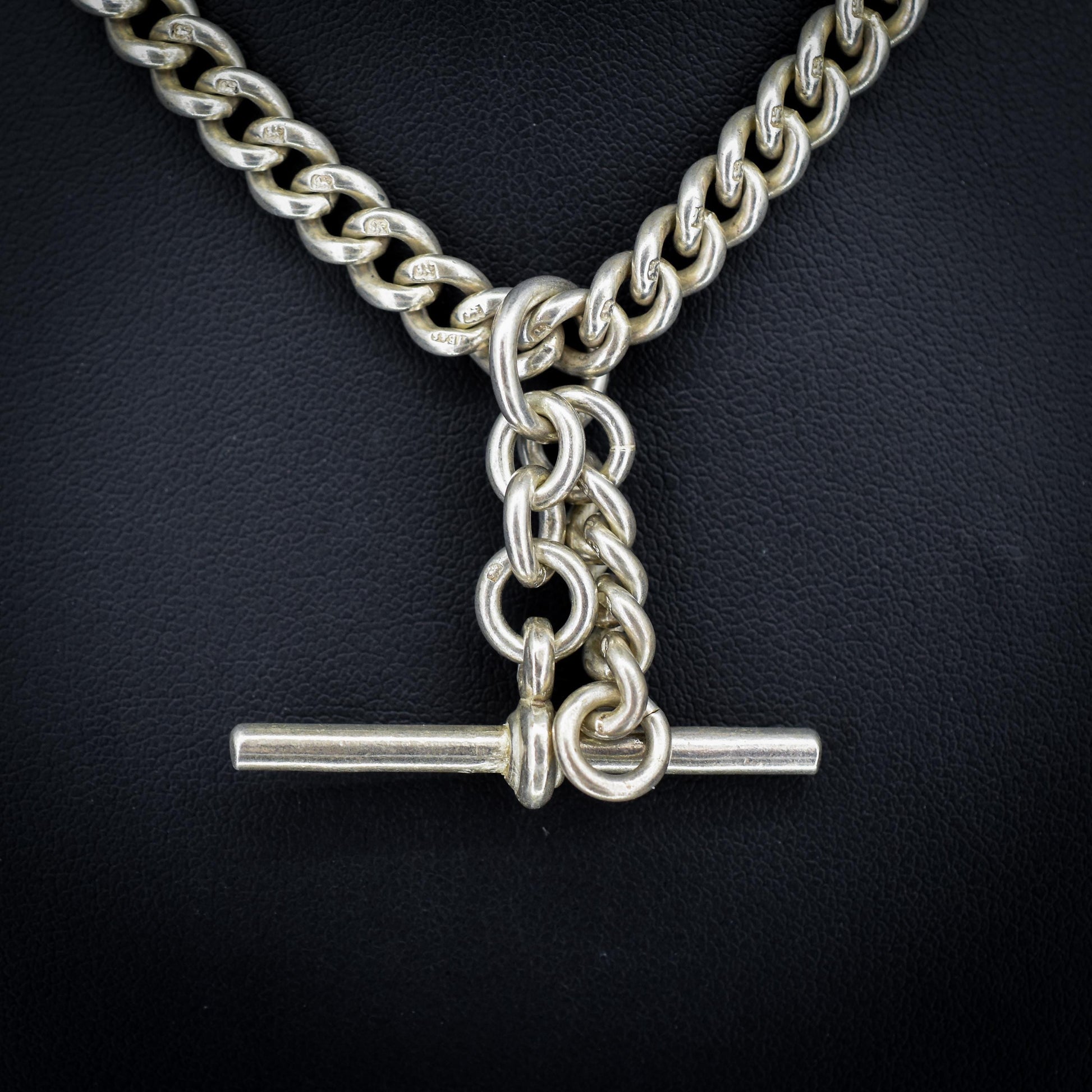 Vintage '1936' Silver Curb Link Albert Watch Chain with Sliding T-Bar and Dog Clips – 15"
