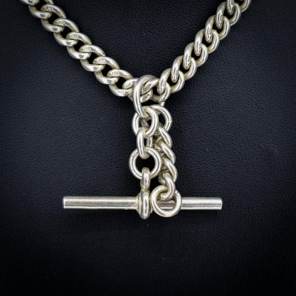 Vintage '1936' Silver Curb Link Albert Watch Chain with Sliding T-Bar and Dog Clips – 15"