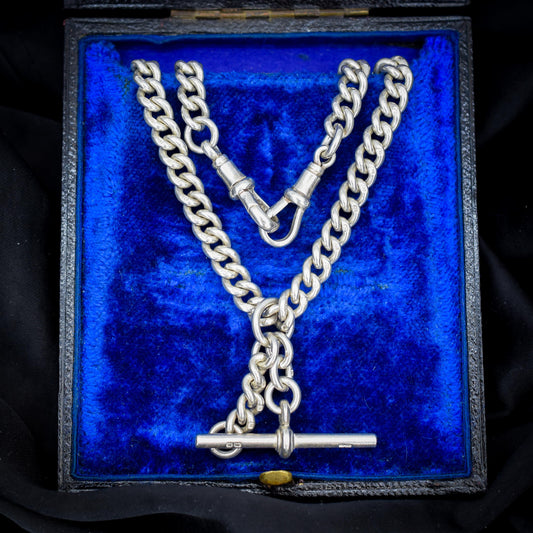 Vintage '1936' Silver Curb Link Albert Watch Chain with Sliding T-Bar and Dog Clips – 15"