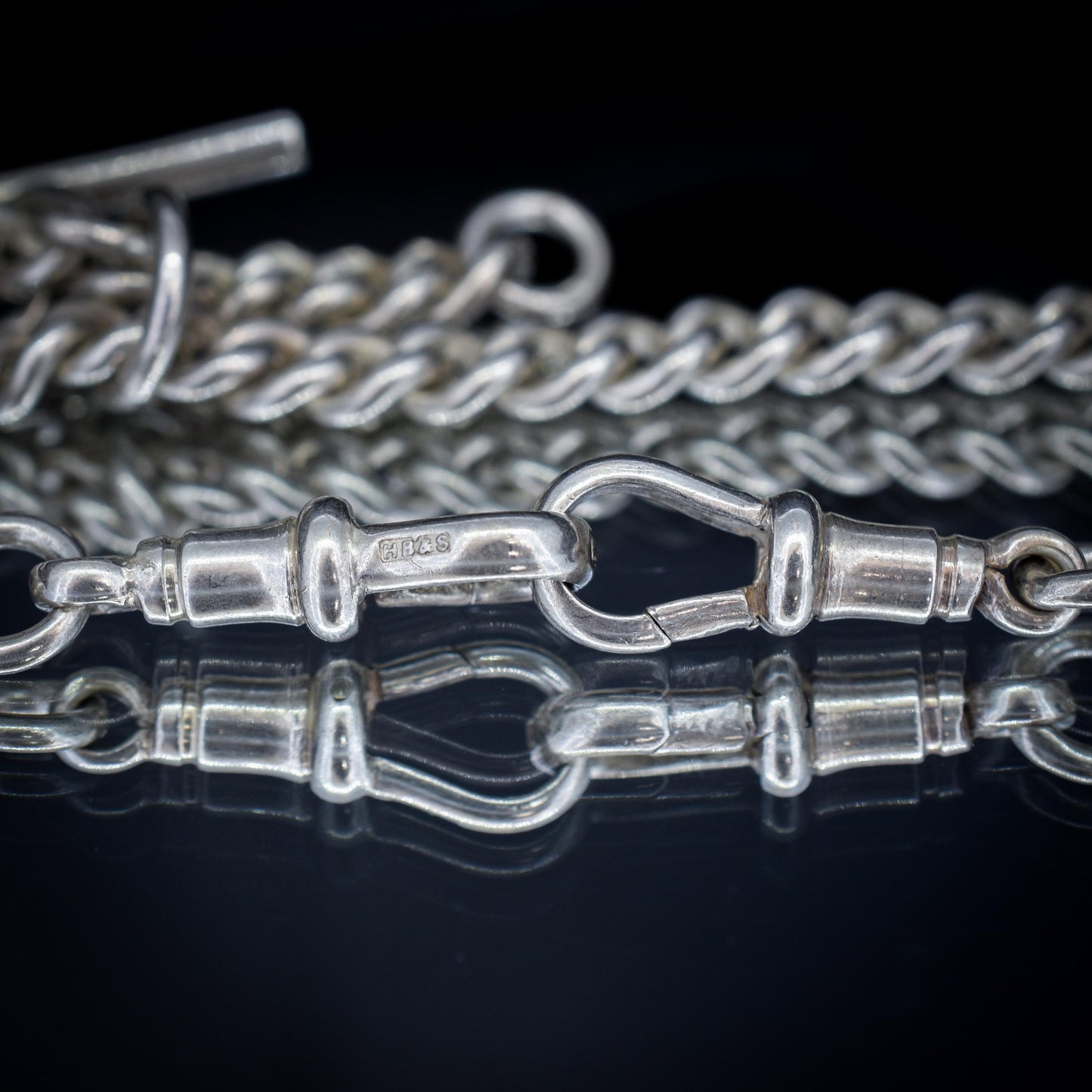Vintage '1936' Silver Curb Link Albert Watch Chain with Sliding T-Bar and Dog Clips – 15"