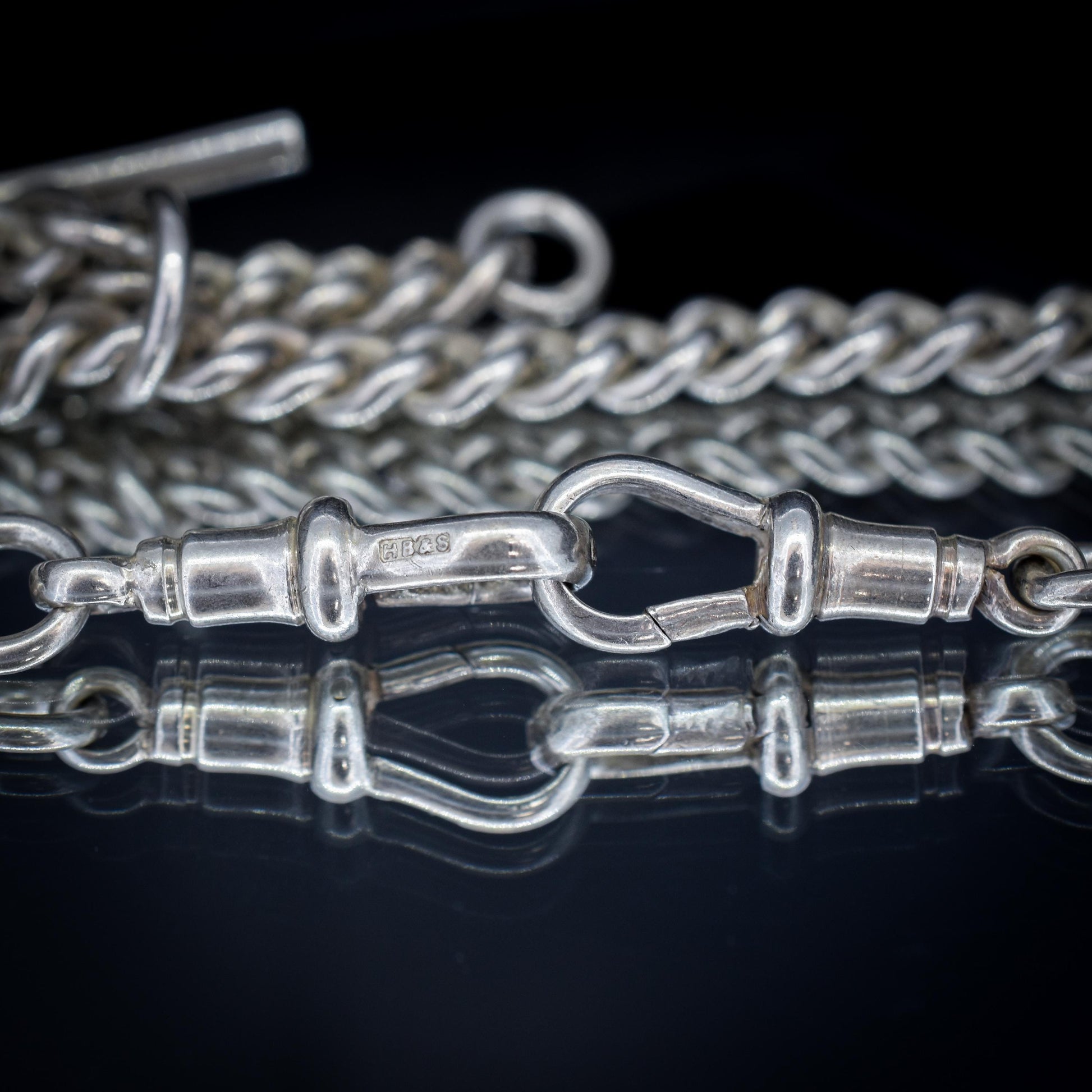 Vintage '1936' Silver Curb Link Albert Watch Chain with Sliding T-Bar and Dog Clips – 15"