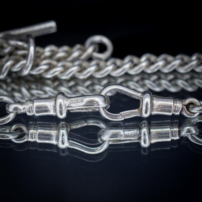 Vintage '1936' Silver Curb Link Albert Watch Chain with Sliding T-Bar and Dog Clips – 15"