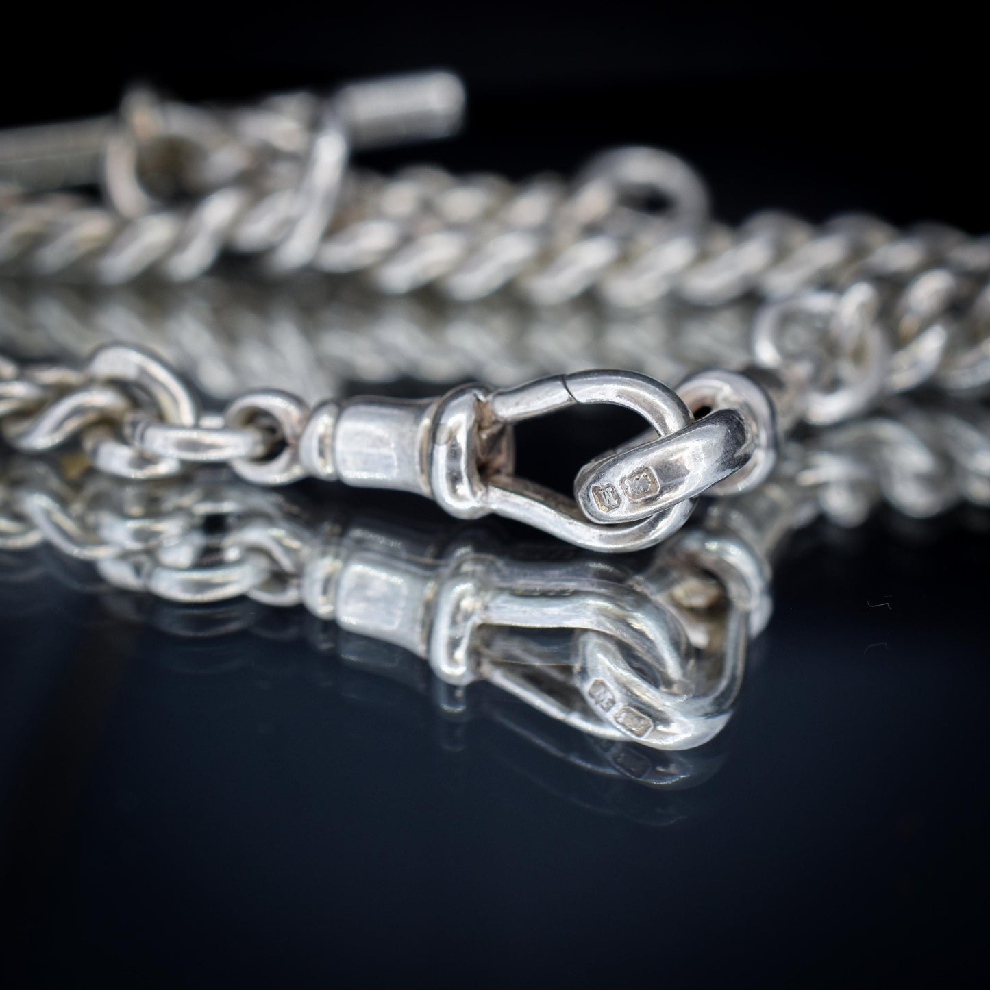 Vintage '1936' Silver Curb Link Albert Watch Chain with Sliding T-Bar and Dog Clips – 15"