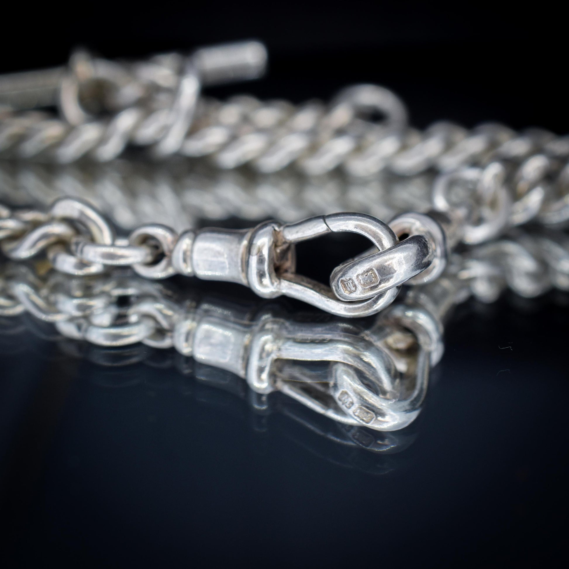 Vintage '1936' Silver Curb Link Albert Watch Chain with Sliding T-Bar and Dog Clips – 15"