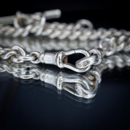 Vintage '1936' Silver Curb Link Albert Watch Chain with Sliding T-Bar and Dog Clips – 15"