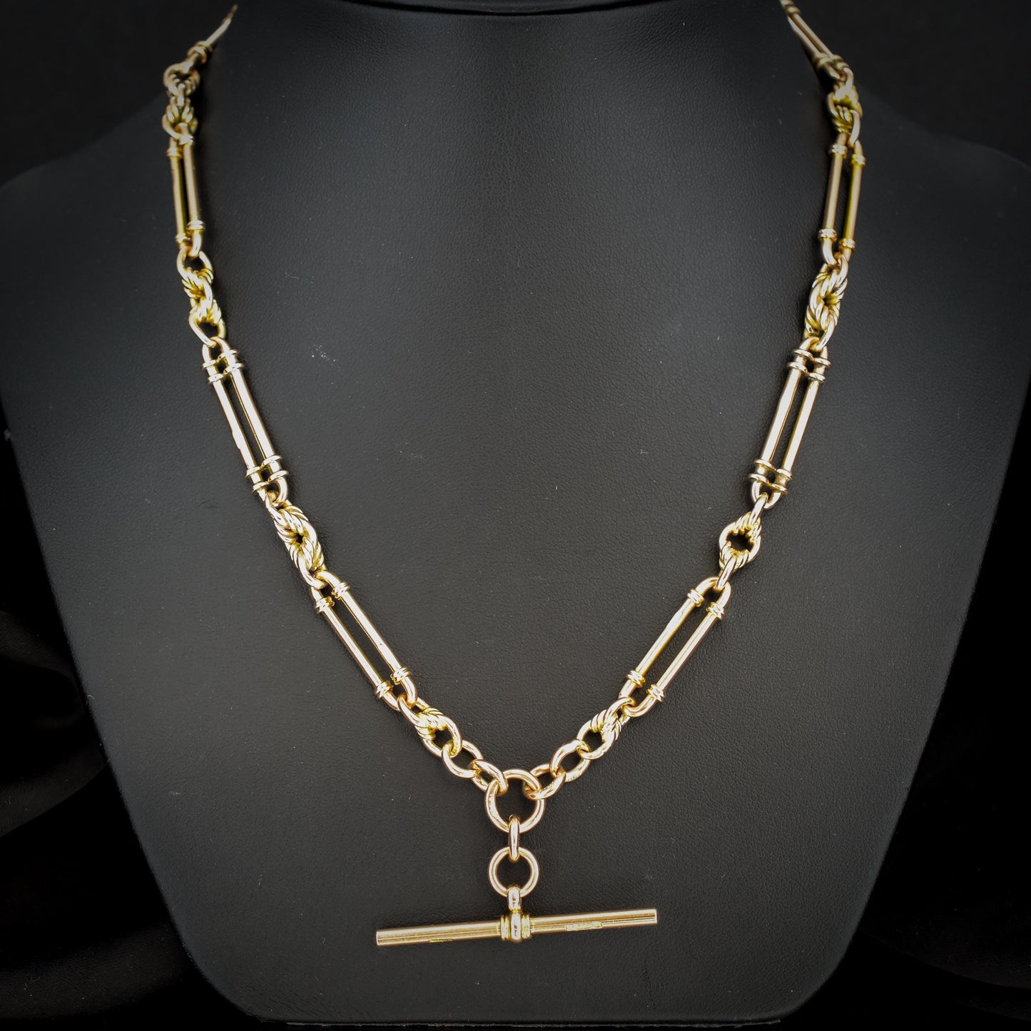 Antique 26.5" 9ct Gold Double Albert Trombone Link Chain Necklace with T Bar | 61.5g