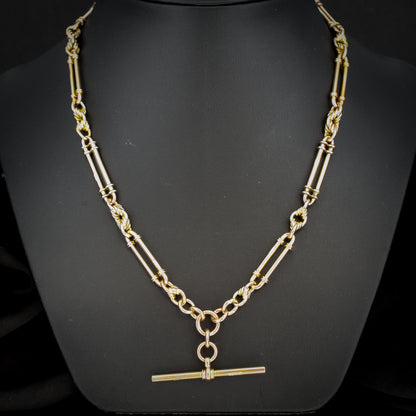 Antique 26.5" 9ct Gold Double Albert Trombone Link Chain Necklace with T Bar | 61.5g