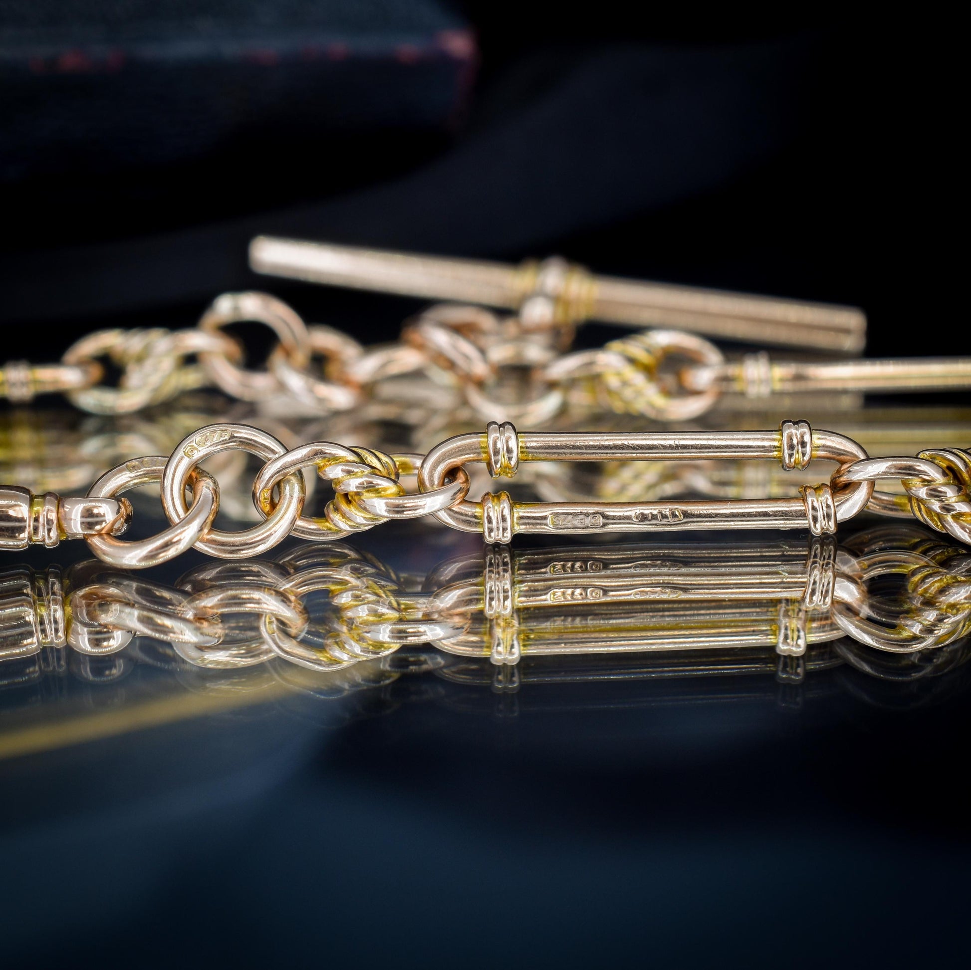 Antique 26.5" 9ct Gold Double Albert Trombone Link Chain Necklace with T Bar | 61.5g