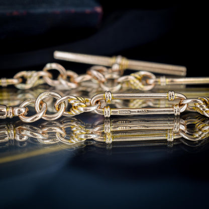 Antique 26.5" 9ct Gold Double Albert Trombone Link Chain Necklace with T Bar | 61.5g