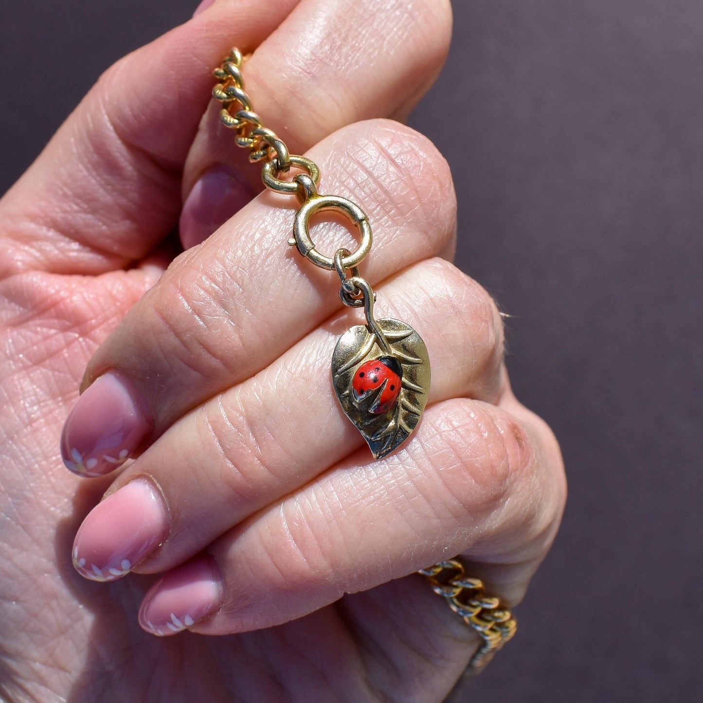 Vintage Ladybird Enamel 9ct Gold Leaf Charm Pendant