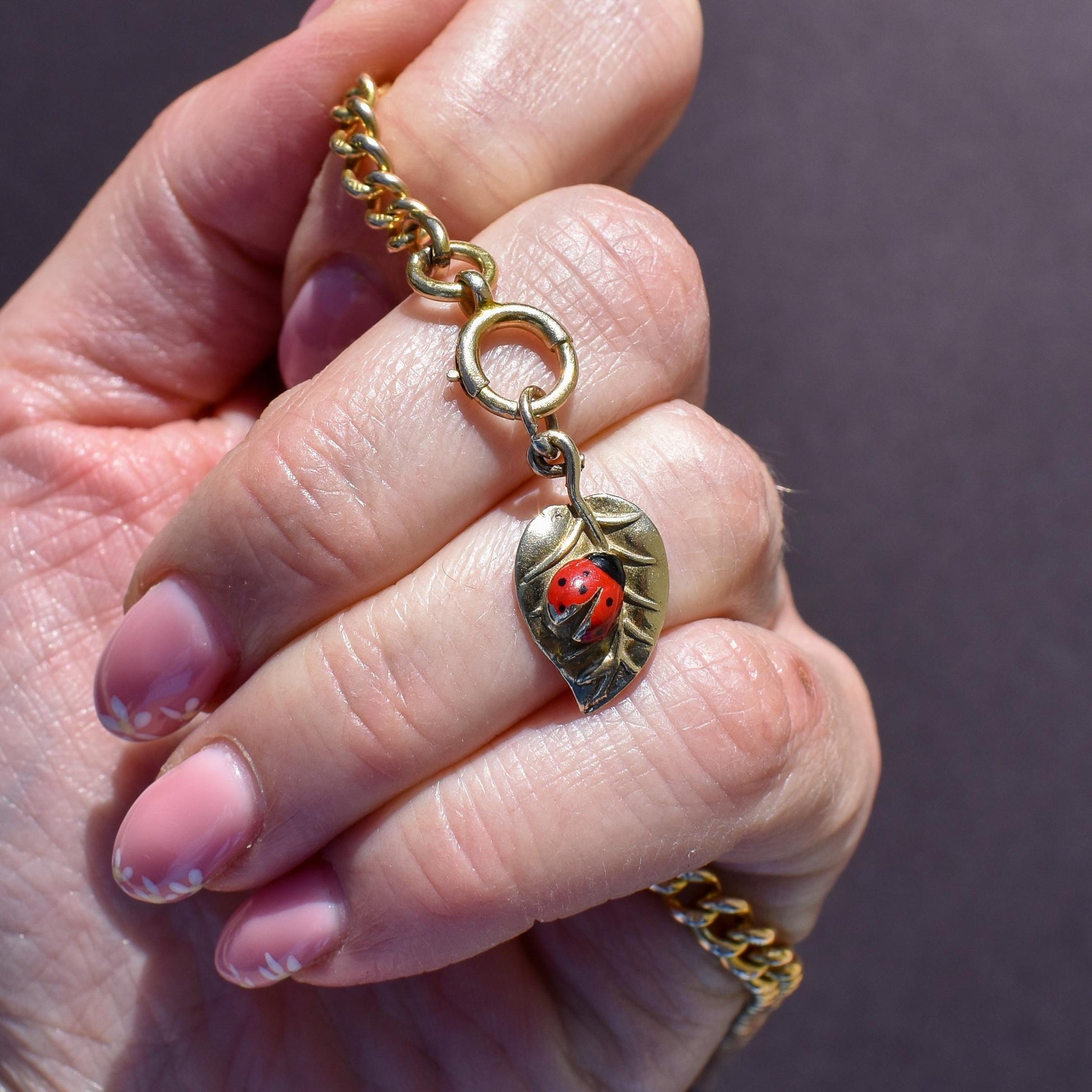 Vintage Ladybird Enamel 9ct Gold Leaf Charm Pendant
