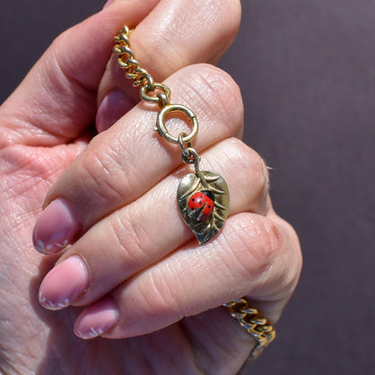 Vintage Ladybird Enamel 9ct Gold Leaf Charm Pendant
