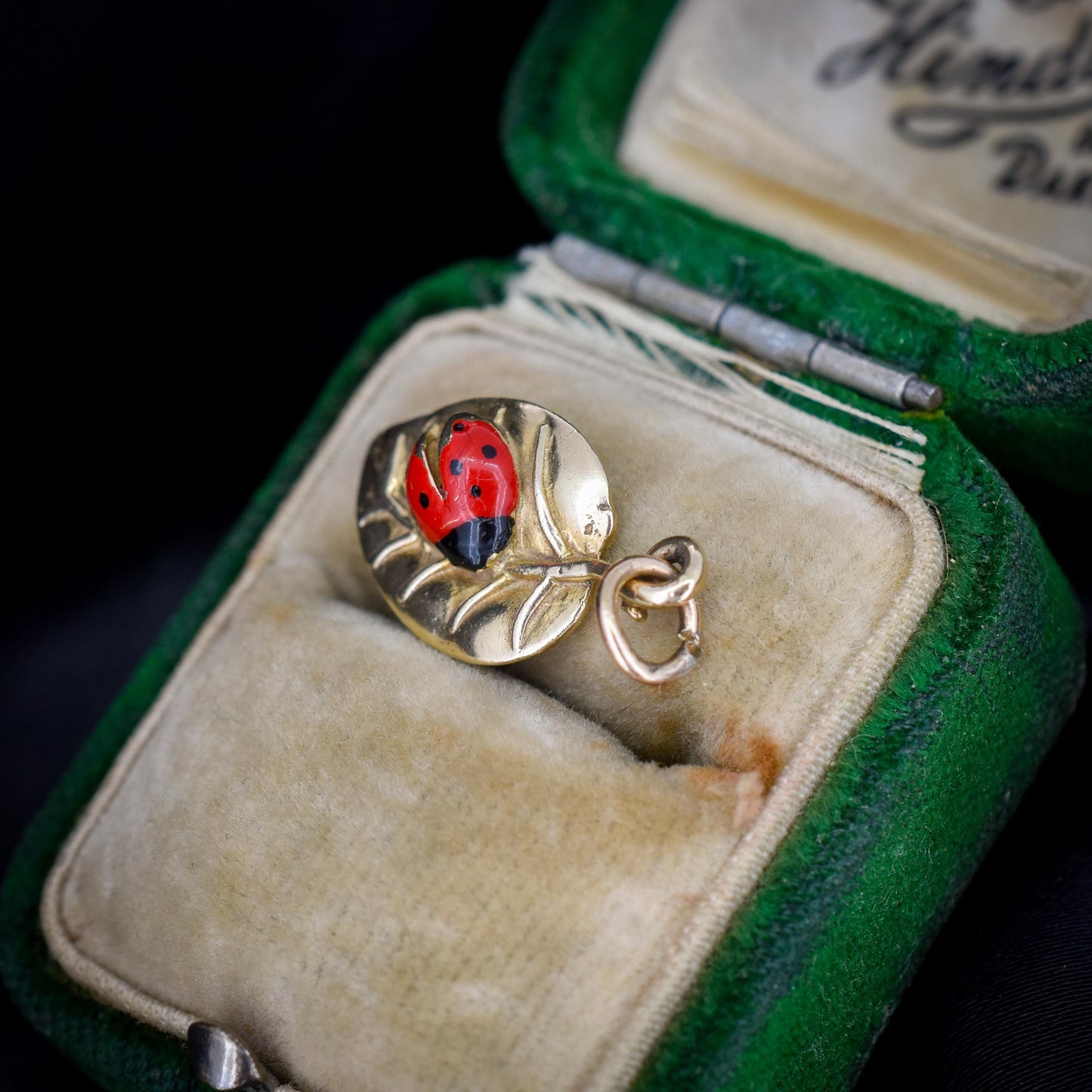 Vintage Ladybird Enamel 9ct Gold Leaf Charm Pendant
