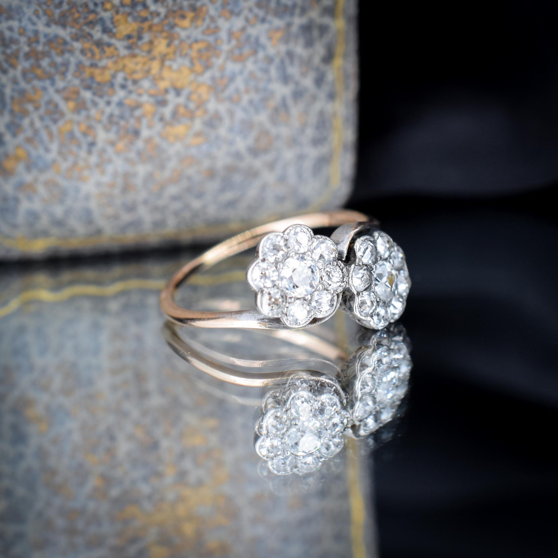 Antique Old Cut Diamond Daisy Cluster 'Toi Et Moi' Twist Gold Ring