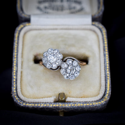 Antique Old Cut Diamond Daisy Cluster 'Toi Et Moi' Twist Gold Ring