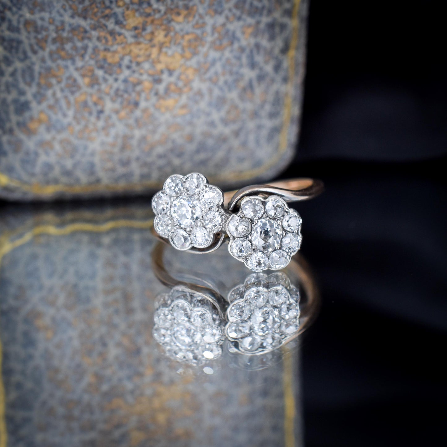 Antique Old Cut Diamond Daisy Cluster 'Toi Et Moi' Twist Gold Ring