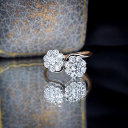 Antique Old Cut Diamond Daisy Cluster 'Toi Et Moi' Twist Gold Ring