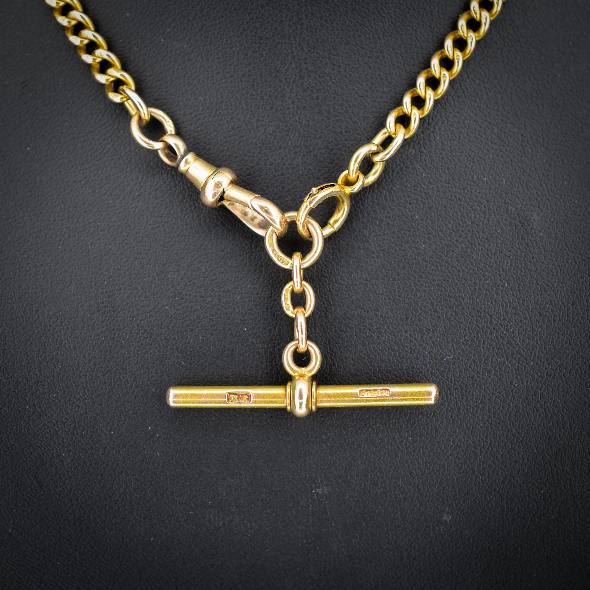 Antique 15ct Yellow Gold Bolt Ring and Dog Clip Albert Watch Chain Necklace 16"