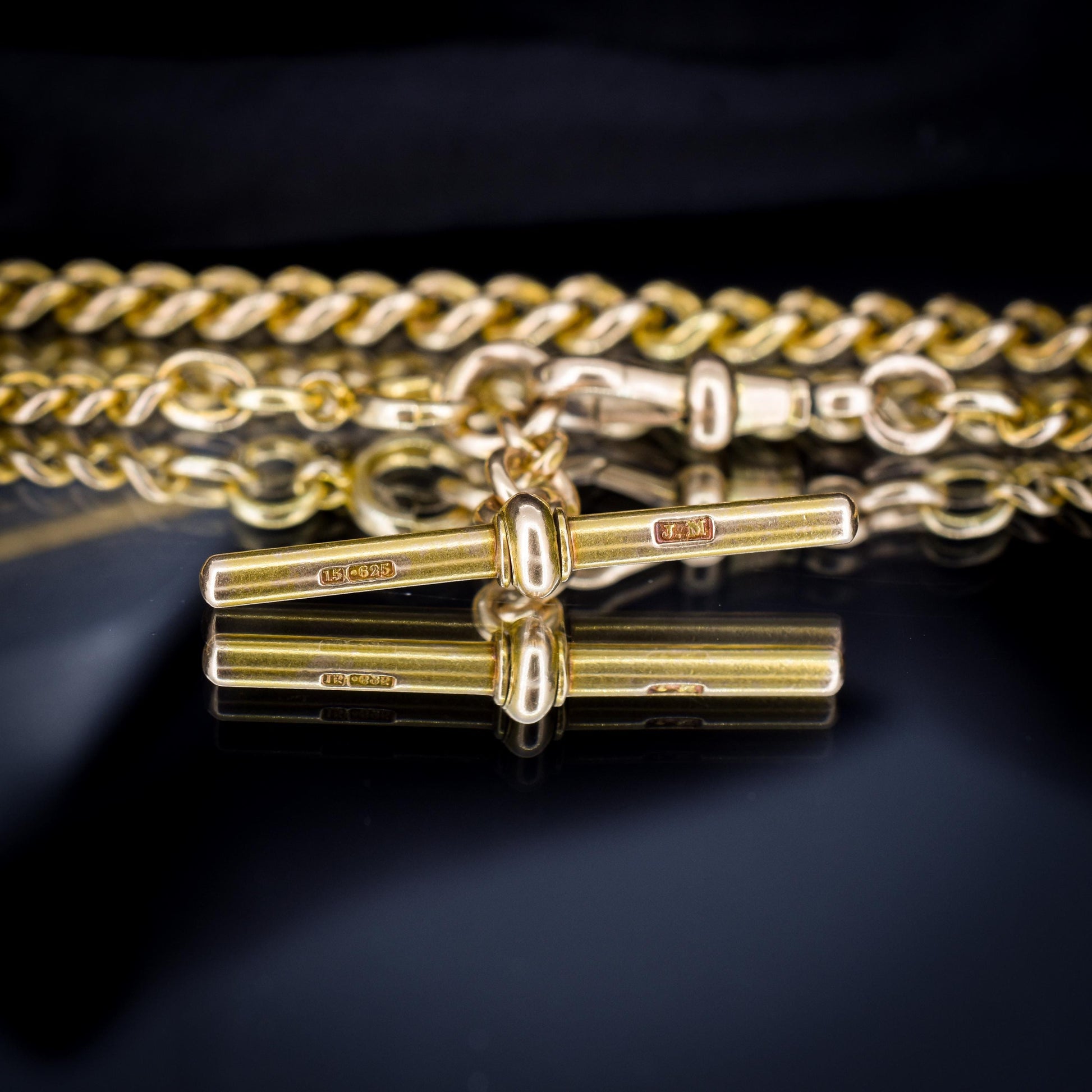 Antique 15ct Yellow Gold Bolt Ring and Dog Clip Albert Watch Chain Necklace 16"