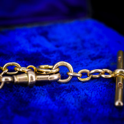 Antique 15ct Yellow Gold Bolt Ring and Dog Clip Albert Watch Chain Necklace 16"