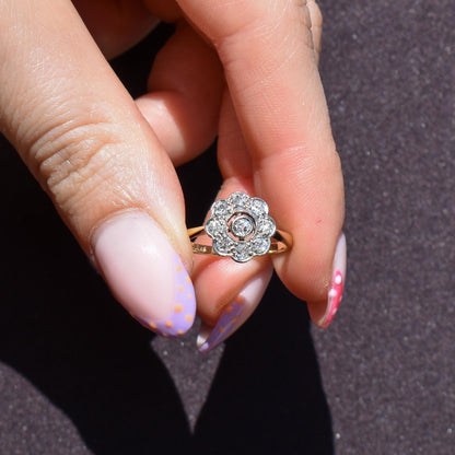 Antique Diamond Cluster Daisy 18ct Gold and Platinum Ring
