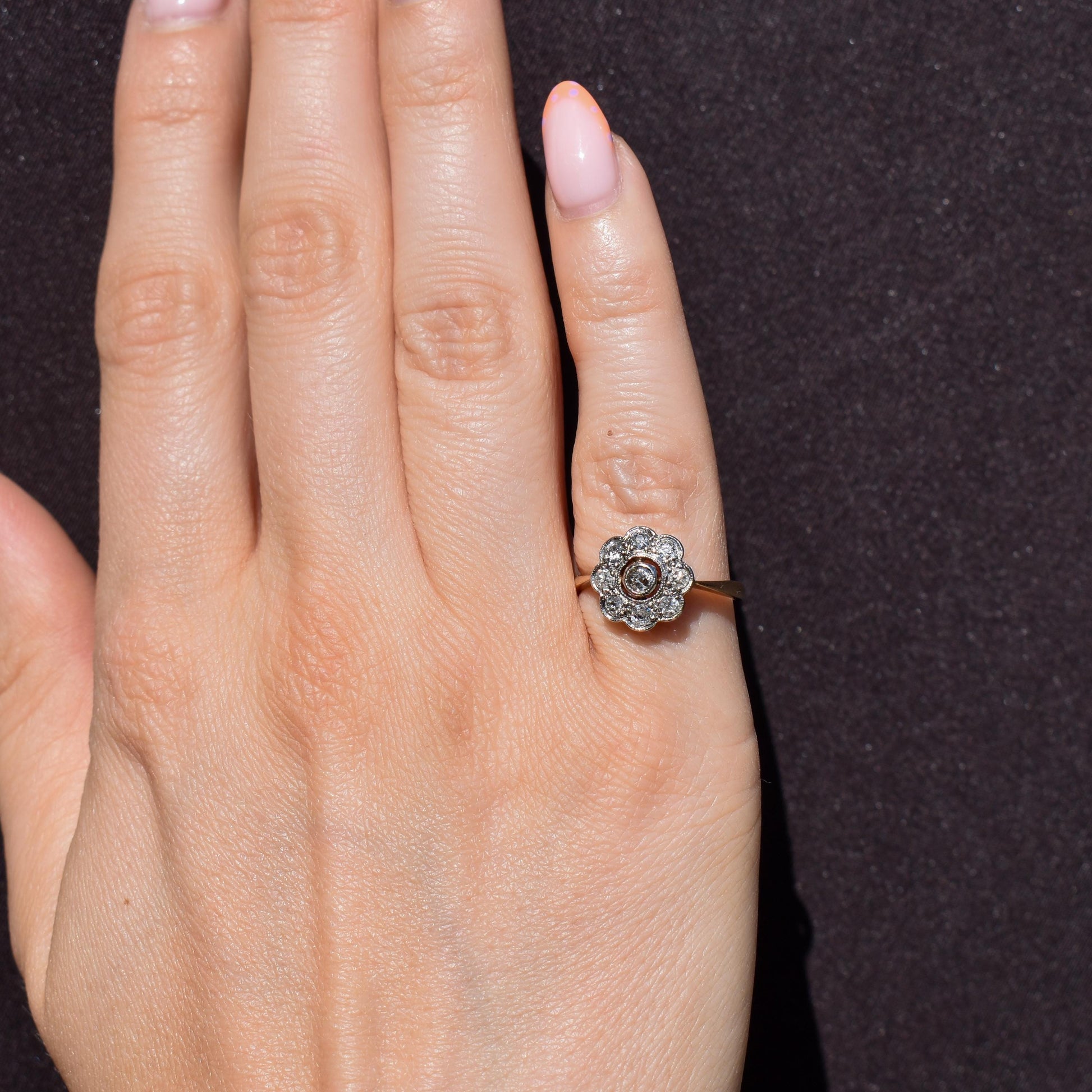 Antique Diamond Cluster Daisy 18ct Gold and Platinum Ring