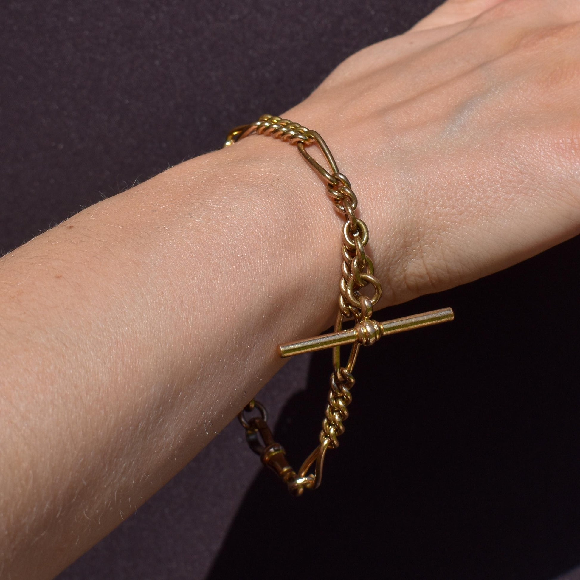 Antique Rolled Gold Figaro Link Bracelet with Dog Clip and T-bar