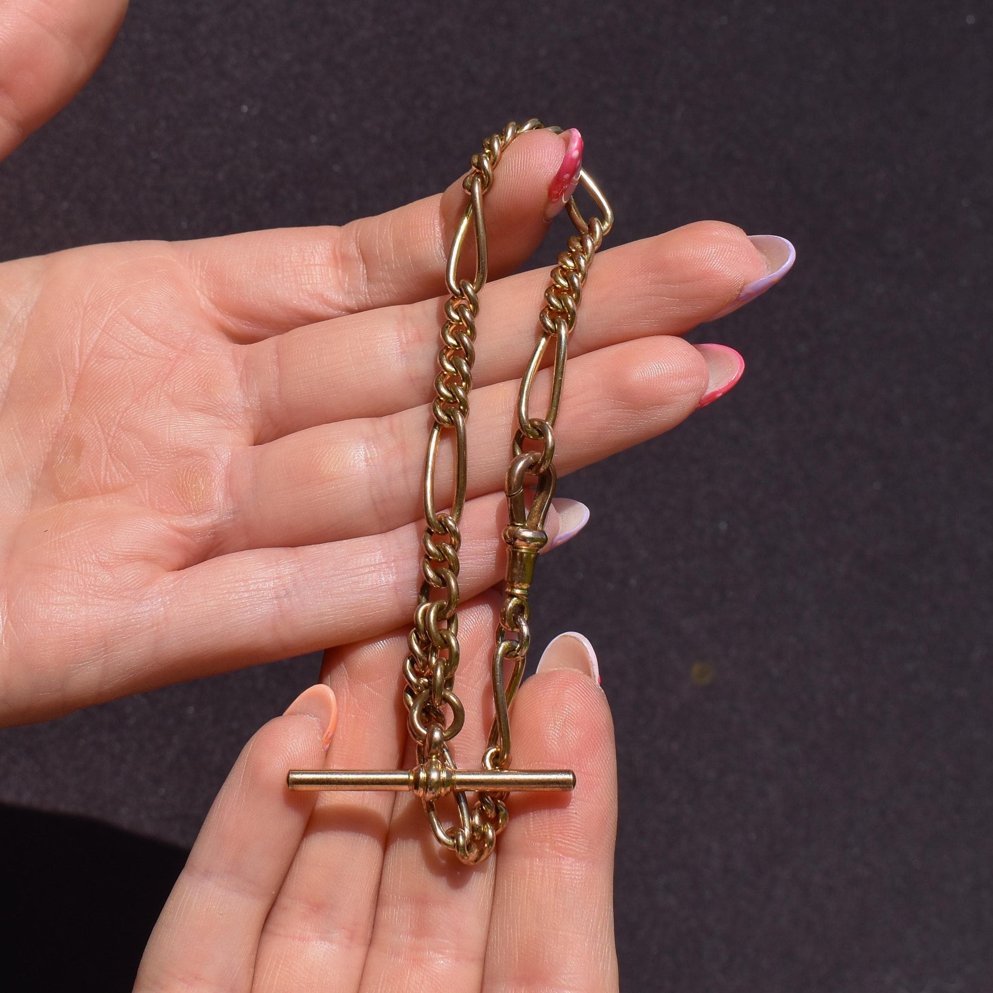 Antique Rolled Gold Figaro Link Bracelet with Dog Clip and T-bar