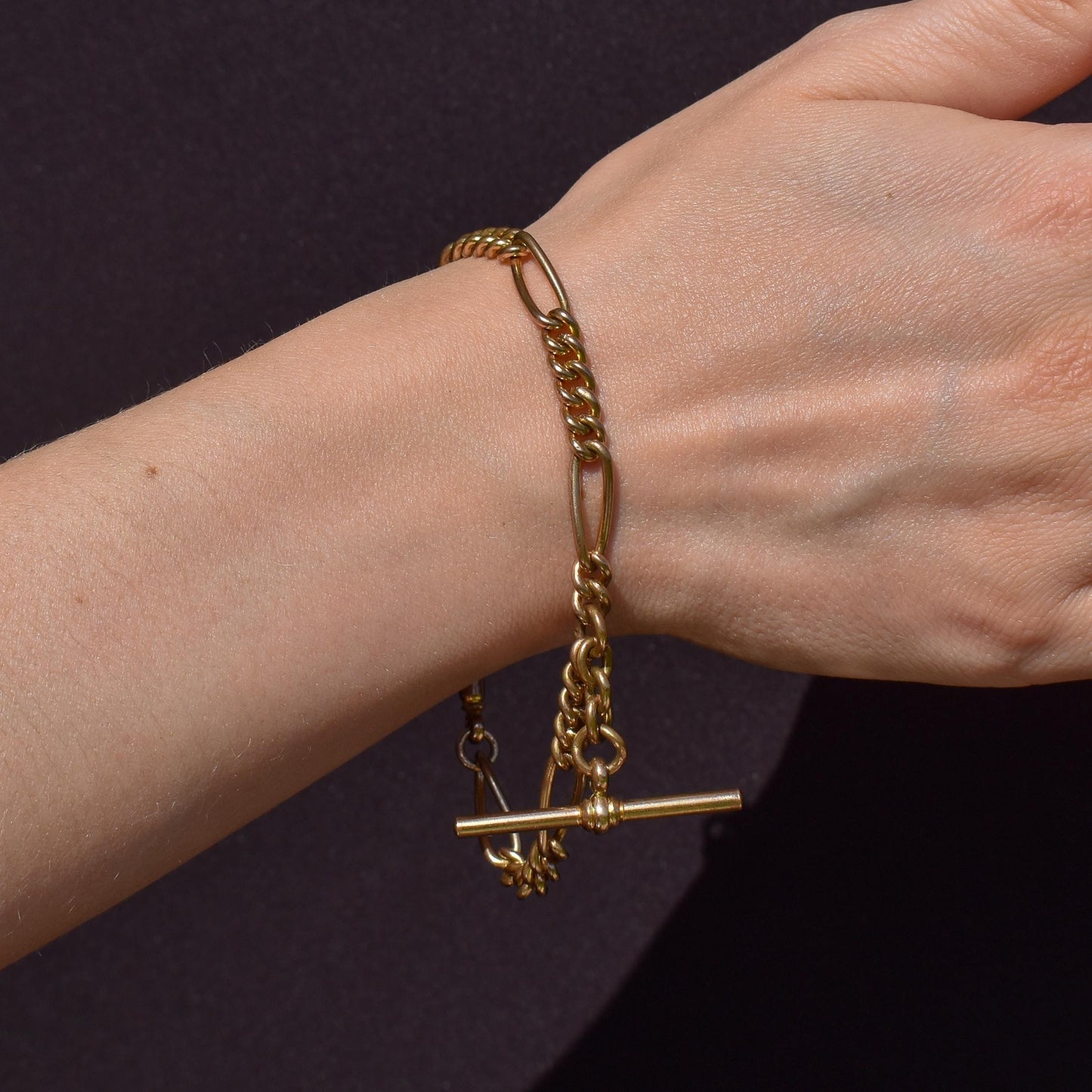 Antique Rolled Gold Figaro Link Bracelet with Dog Clip and T-bar