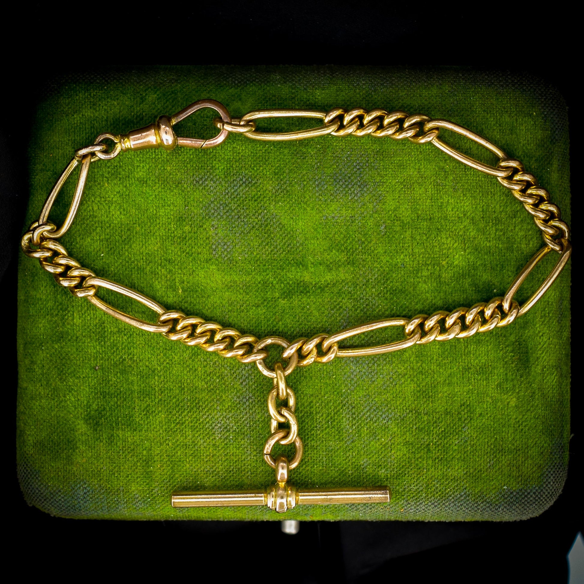 Antique Rolled Gold Figaro Link Bracelet with Dog Clip and T-bar