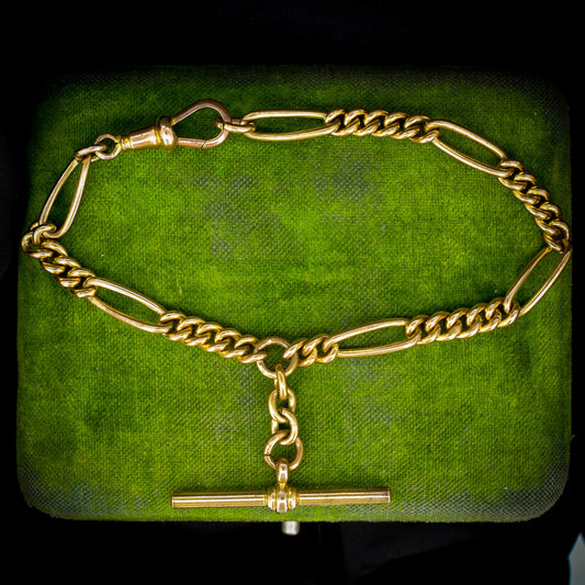 Antique Rolled Gold Figaro Link Bracelet with Dog Clip and T-bar