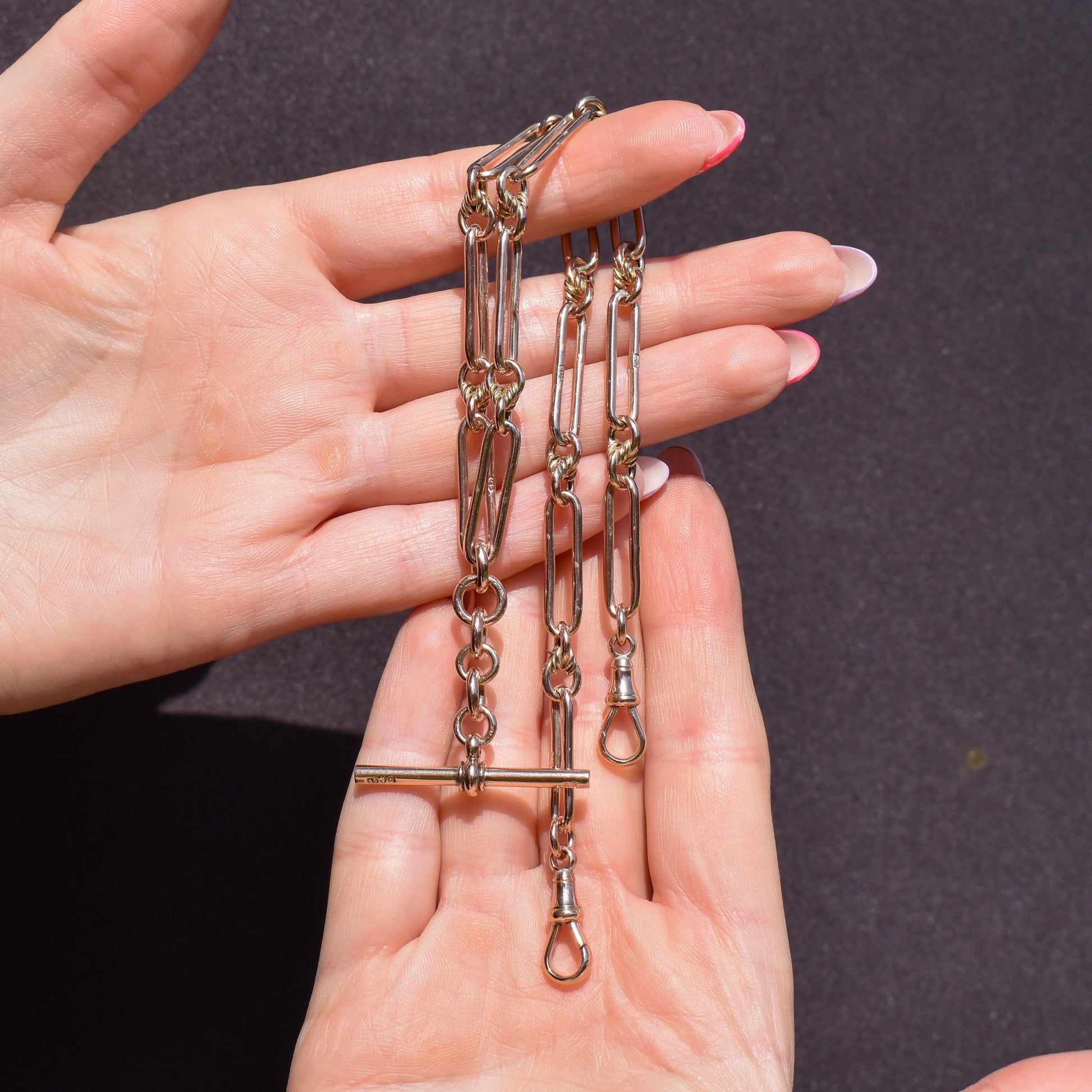 Antique 9ct Gold Trombone and Love Knot Link Albert Chain Necklace | 16"