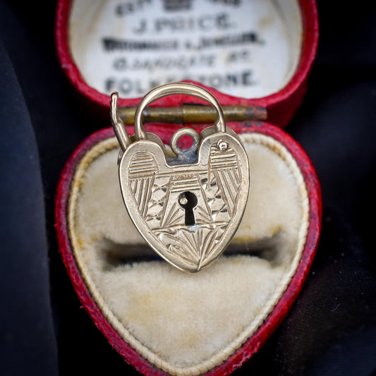 Vintage 9ct Yellow Gold Engraved Heart Padlock Charm Pendant