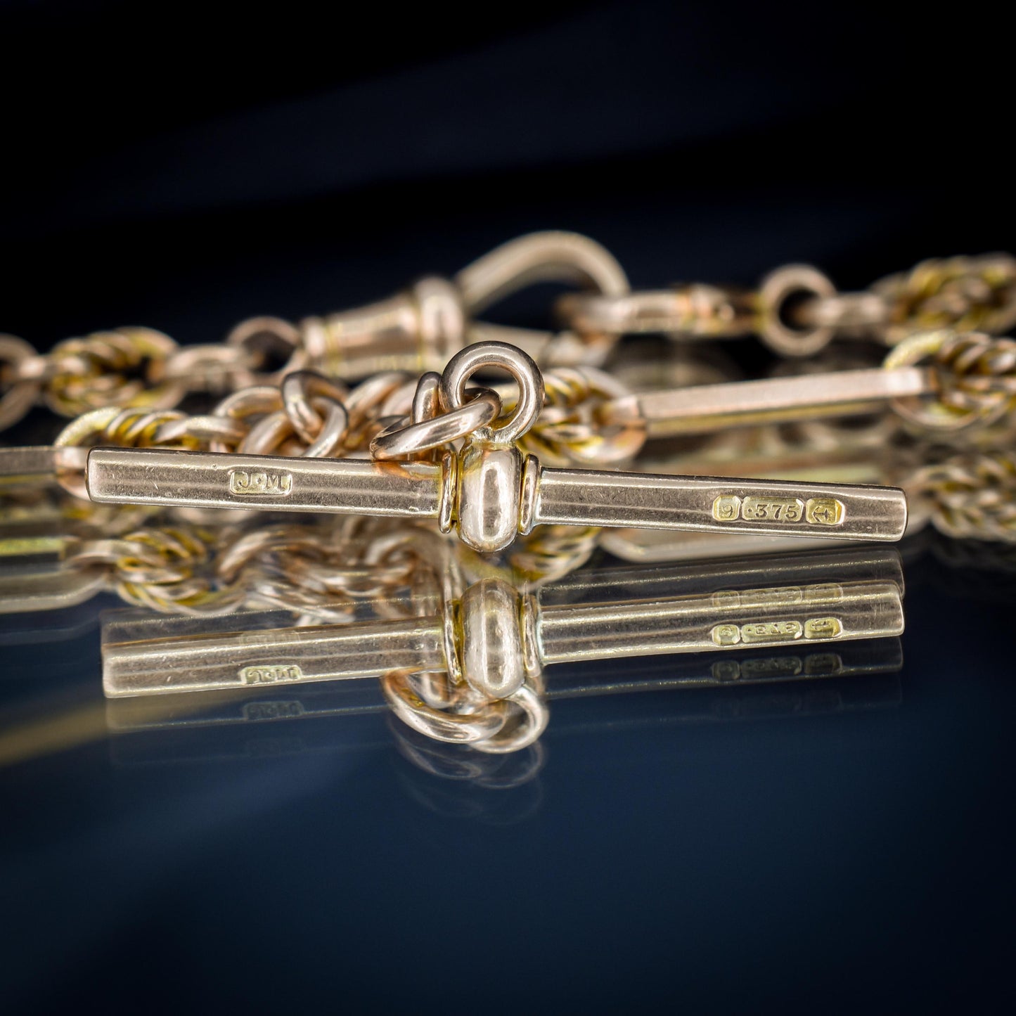 Antique '1918' 9ct Gold Trombone and Love Knot Link Albert Chain Necklace | 14.25"