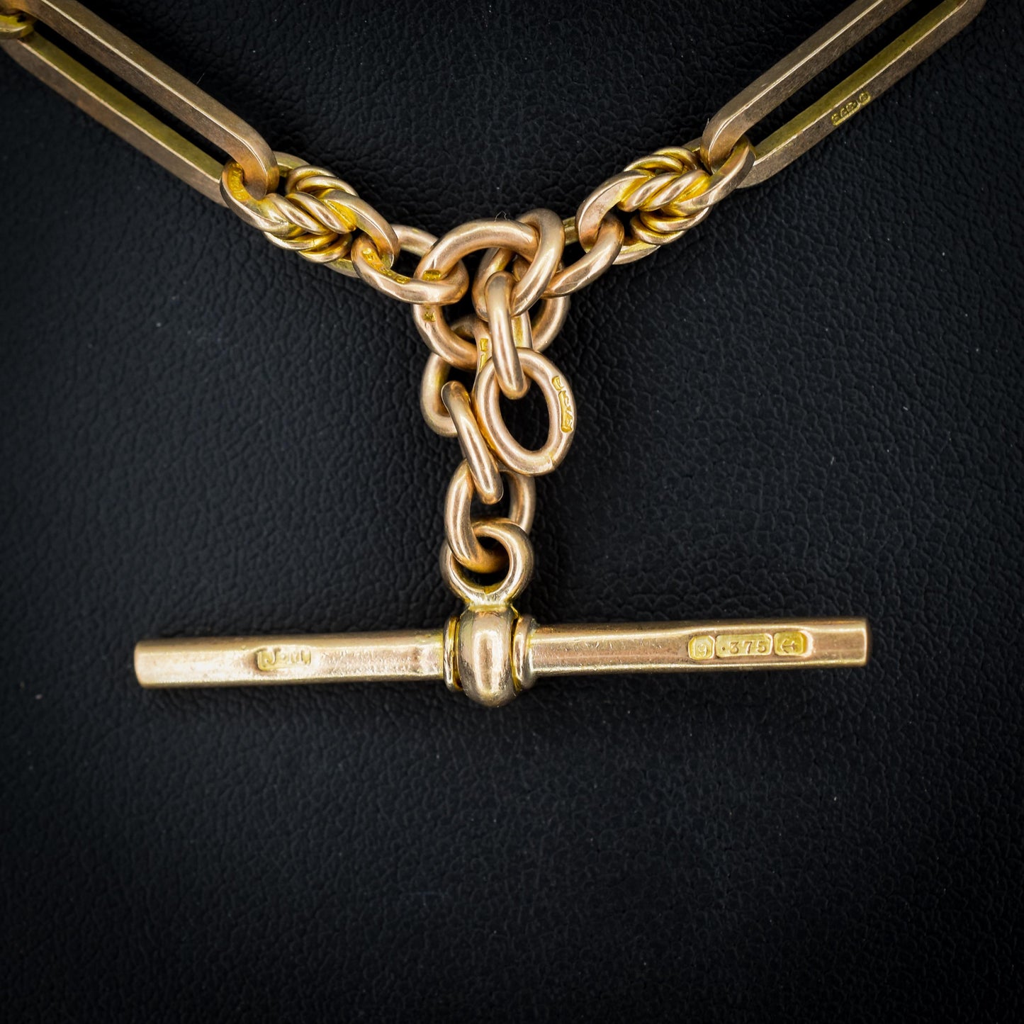 Antique '1918' 9ct Gold Trombone and Love Knot Link Albert Chain Necklace | 14.25"